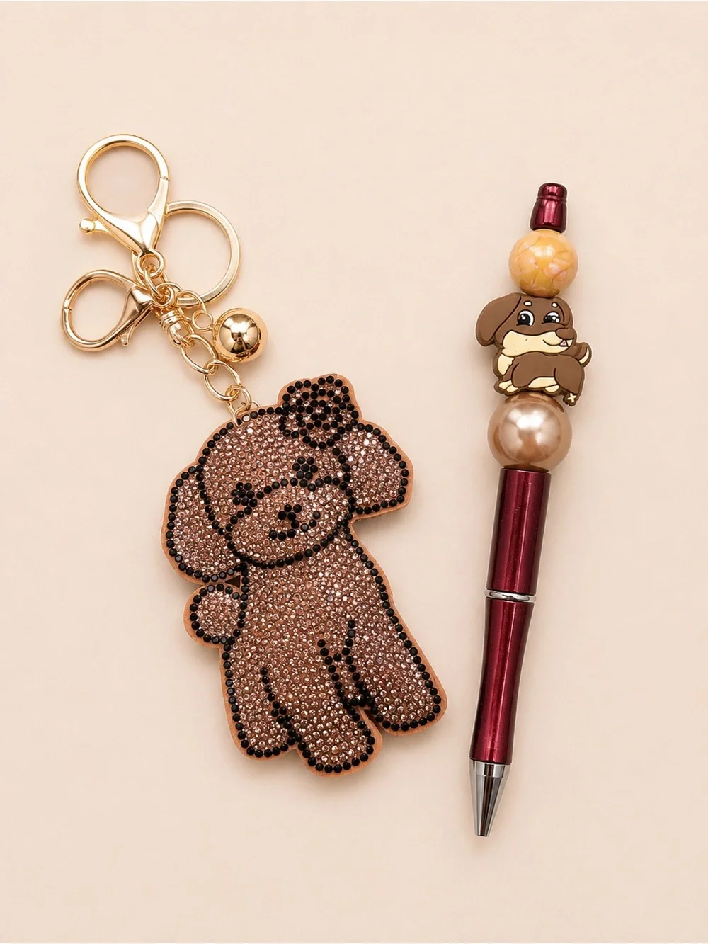 Handmade beaded dog pen and Gold-Tone Brown Crystal Dog Keychain Charm